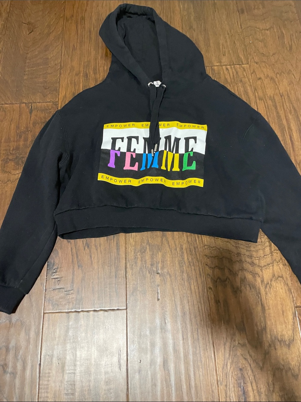 Bluenotes Black Cropped Hoodie with Multicolor FEMME Graphic